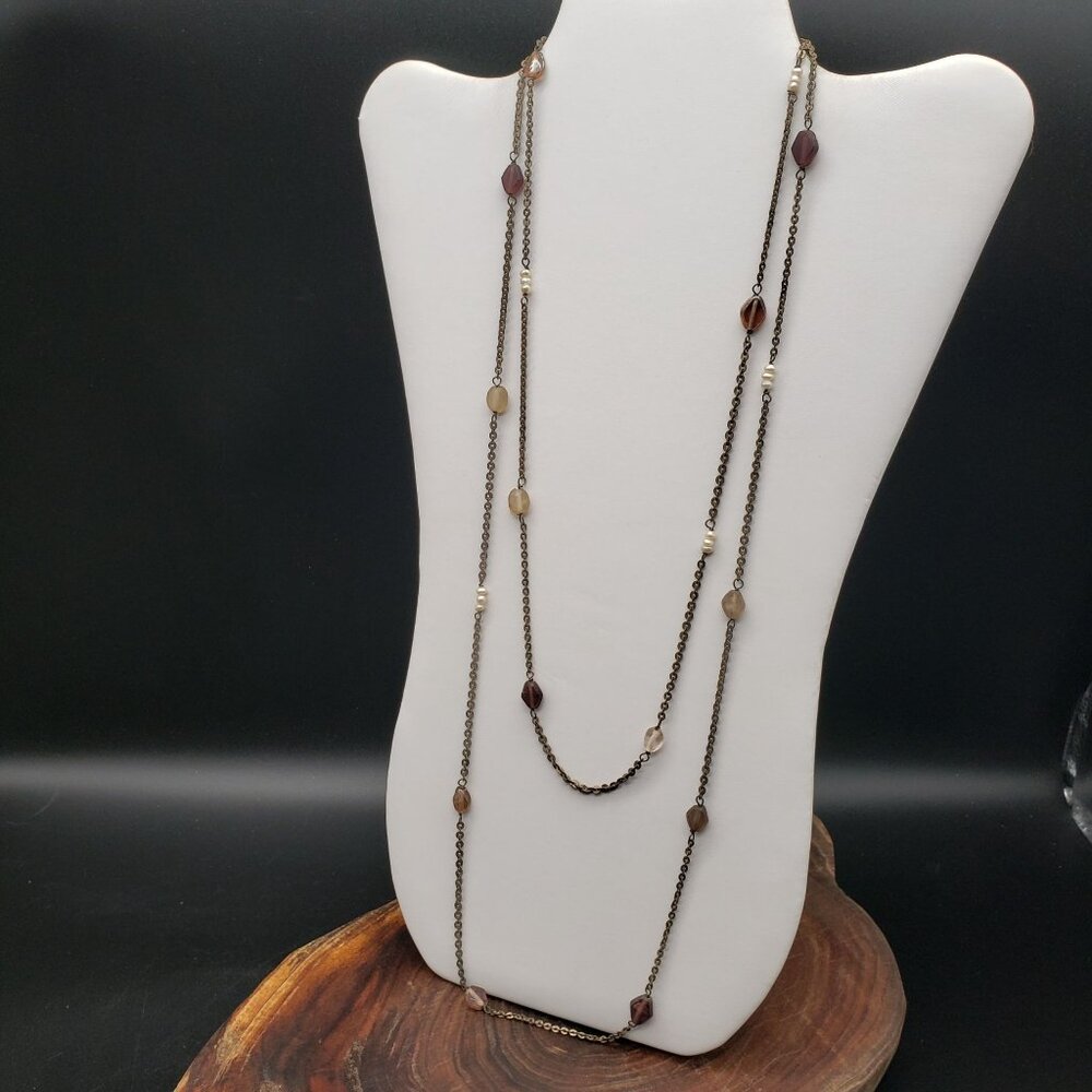 58" Long Bronze-Tone Chain Necklace – Mixed Glass Beads, No Clasp, Boho Vintage